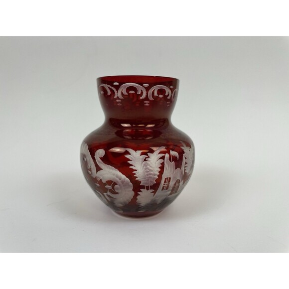 Vintage Egermann Czech Ruby Red Cut to Clear Etched Glass Mini Vase 3" - Picture 7 of 14